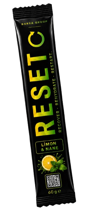 RESET STICK — 60 g limon ve nane aromalı sıvı recovery shot ambalajı
